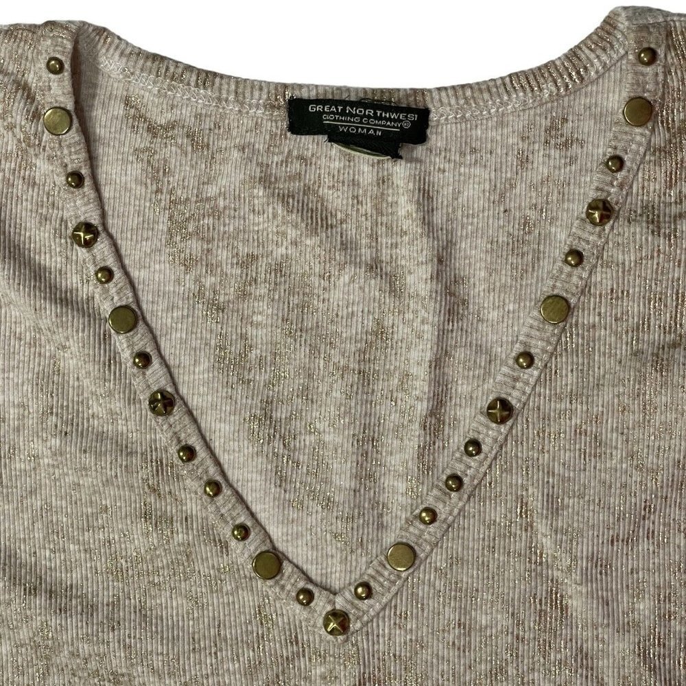 GREAT NORTHWEST Ribbed Sleeveless Top Size L Tan Gold Studs & Glitter Stretch - Picture 5 of 15